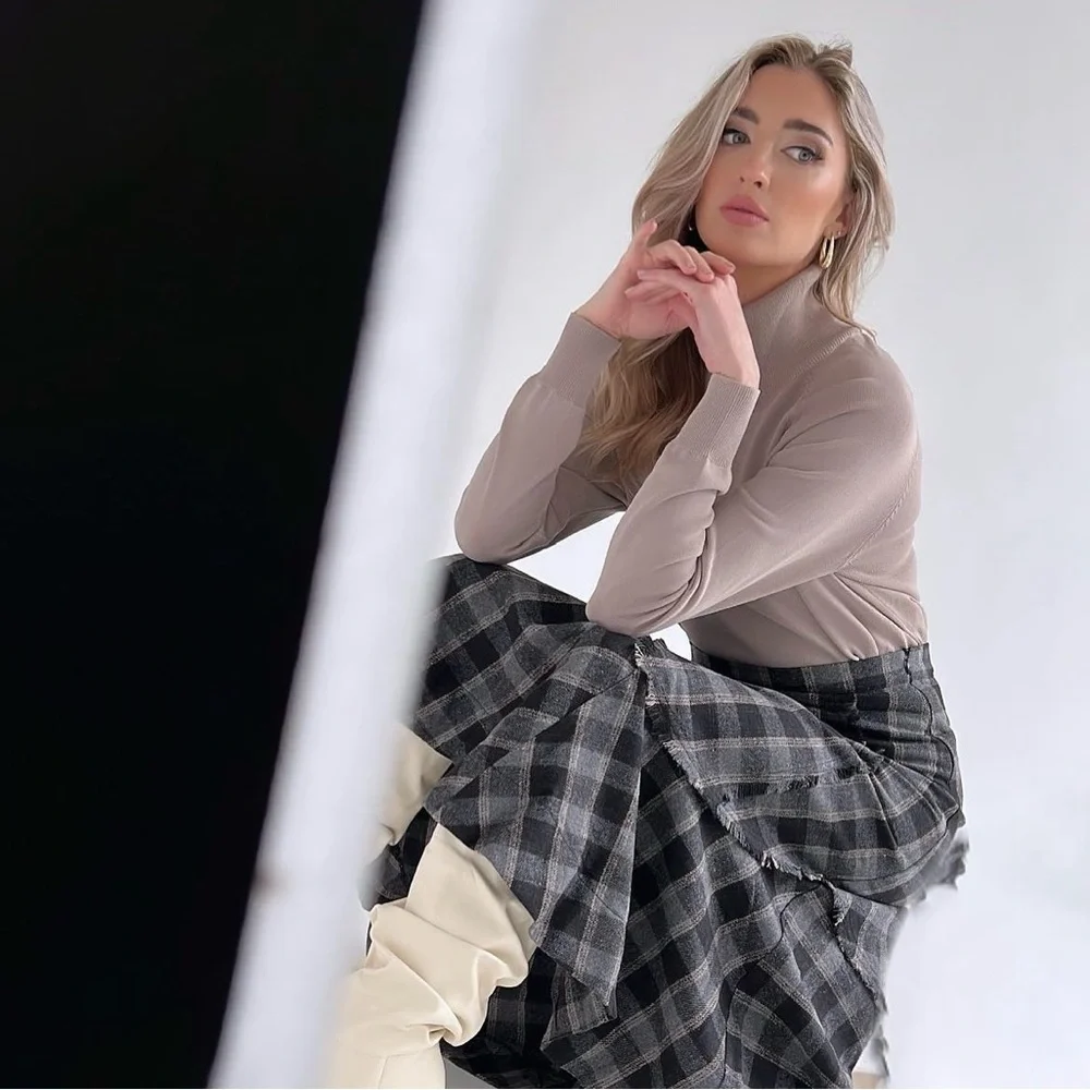 Plaid Check Ruffle Asymmetrical Midi Knee-Length High-Waist Modest Fringe Skirt - Picture 2 of 16